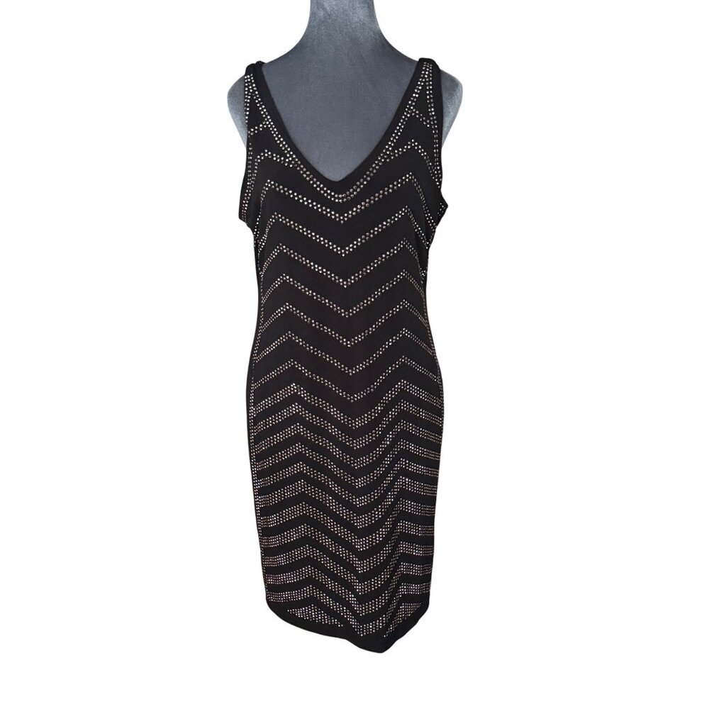 Carmen Marc Valvo Black Studded Chevron Sleeveless V-Neck Bodycon Dress XL Polye